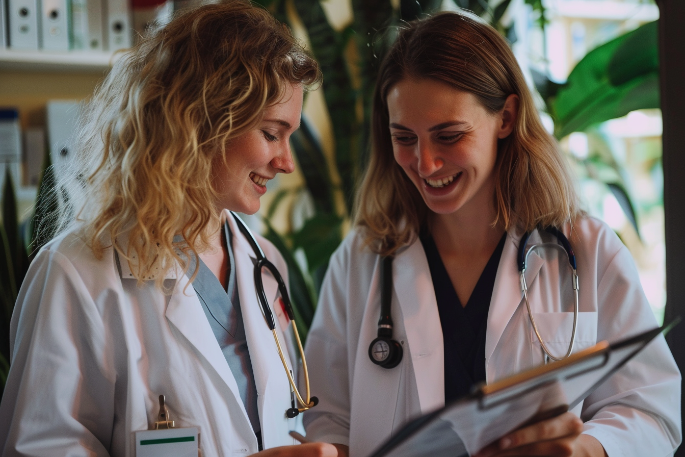judgediesel. women doctors smiling and checking a doctors chart 0a1cf98a 4f80 4fc2 8fa6 b8063ea659b1
