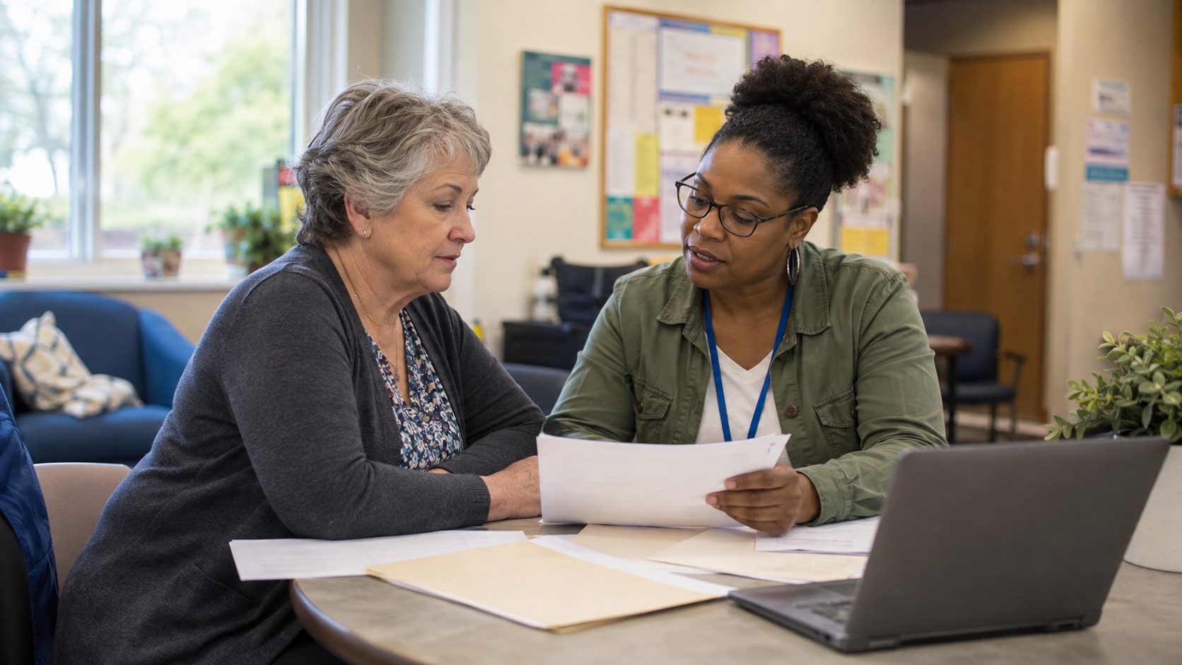 Community counselor helping someone review an assistance application