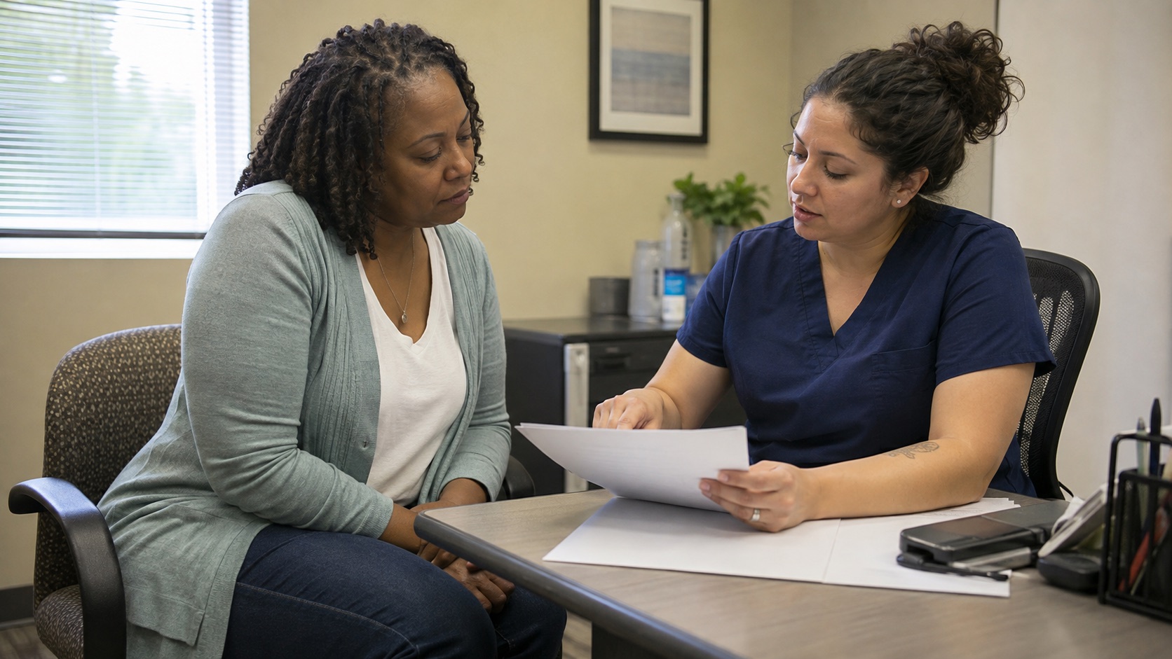 Research coordinator reviewing clinical study information with a potential participant
