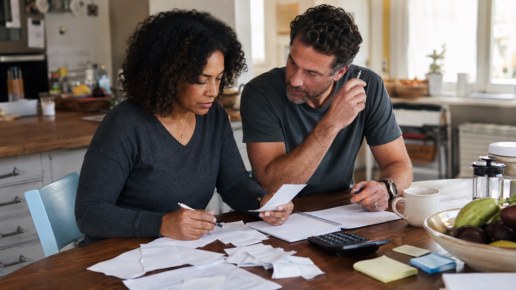 Couple reviewing household bills and planning a monthly budget