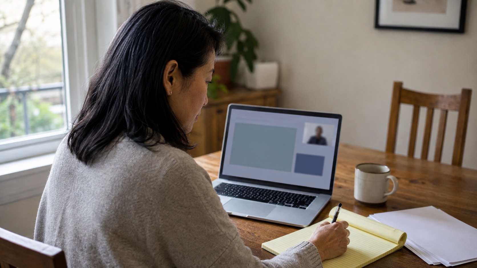 Online mock juror reviewing case information and taking notes from home