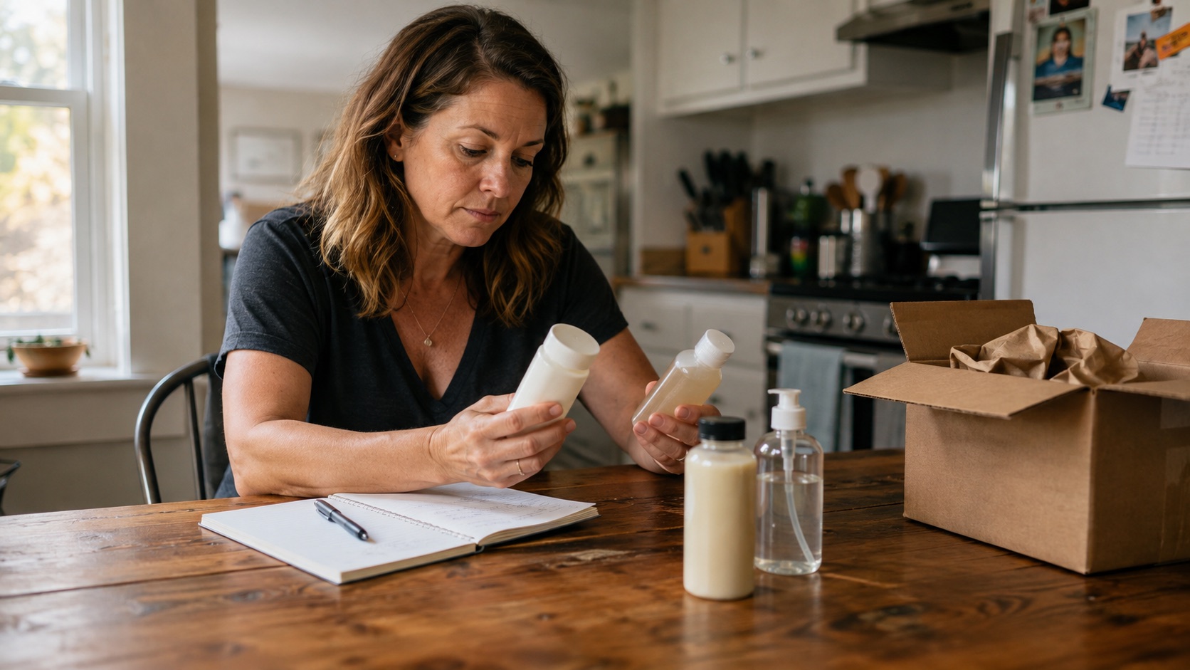 Consumer product tester comparing household samples and taking notes at home